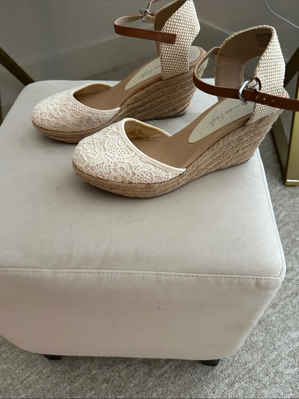 Cream Lace Espadrille Wedges with Brown Ankle Straps